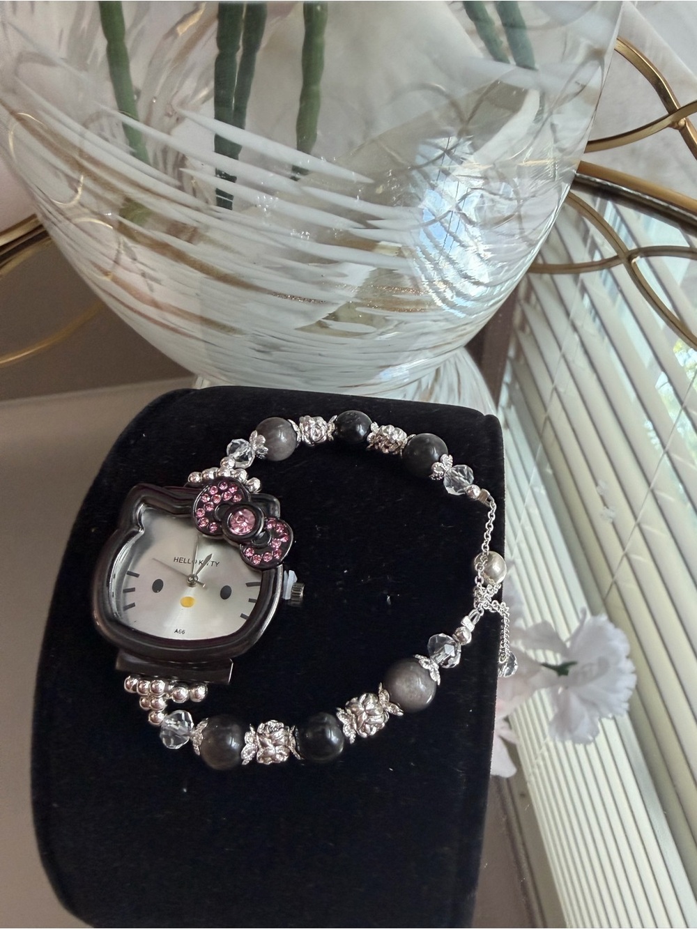 Hello Kitty Black Face Bracelet Watch with Pink Crystal Bow